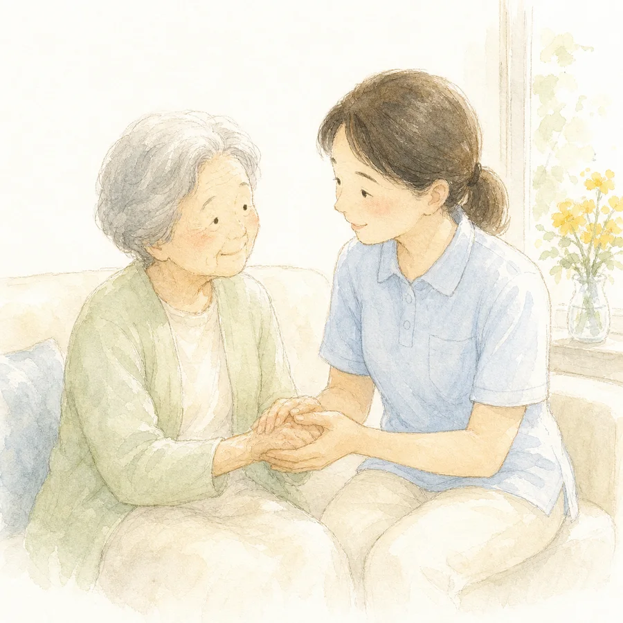 手を取り寄り添う看護師のイラスト