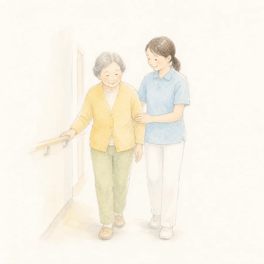 歩行練習を支える看護師のイラスト