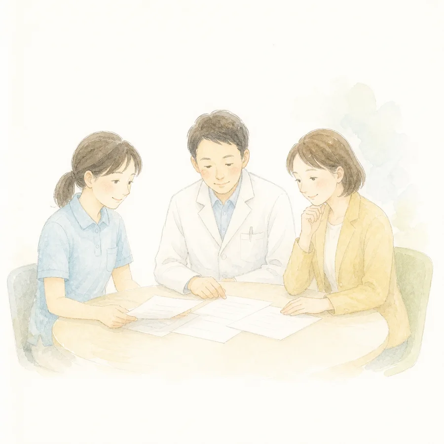 医師やケアマネジャーと打ち合わせをするイラスト