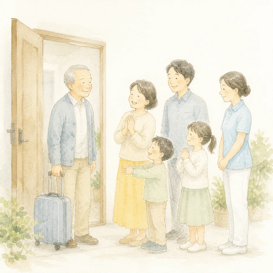 退院して家に帰ってきた方を迎えるイラスト