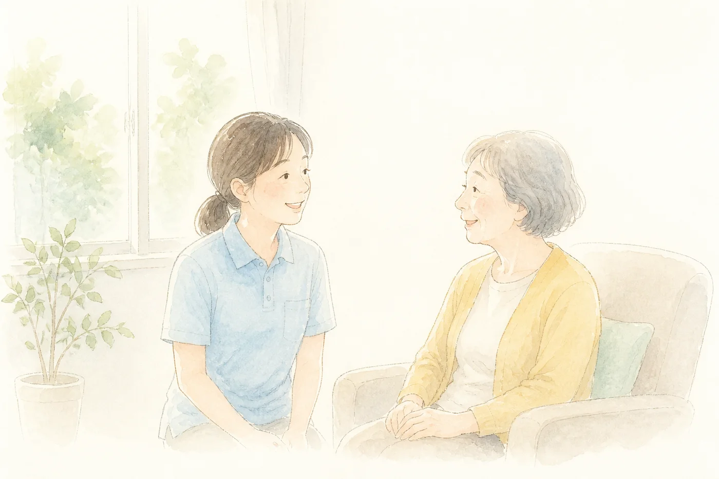 ご自宅で看護師とご利用者様がにこやかに話しているイラスト