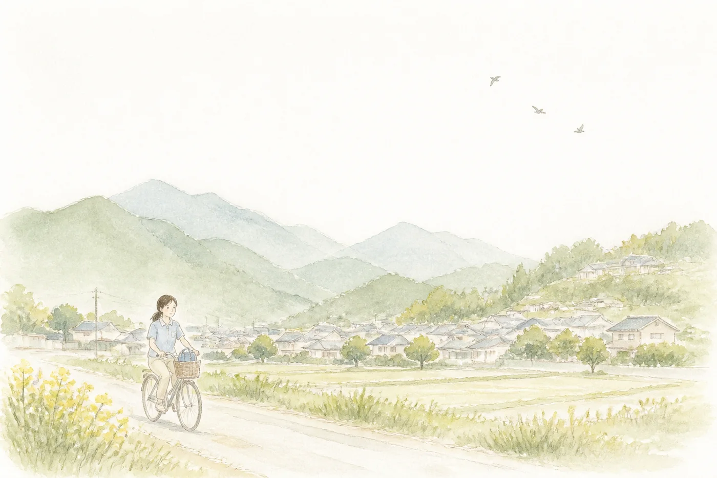 山並みと町を自転車で訪問に向かう看護師のイラスト